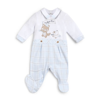 Boys White and Light Blue Applique Nappy Opening Babysuit